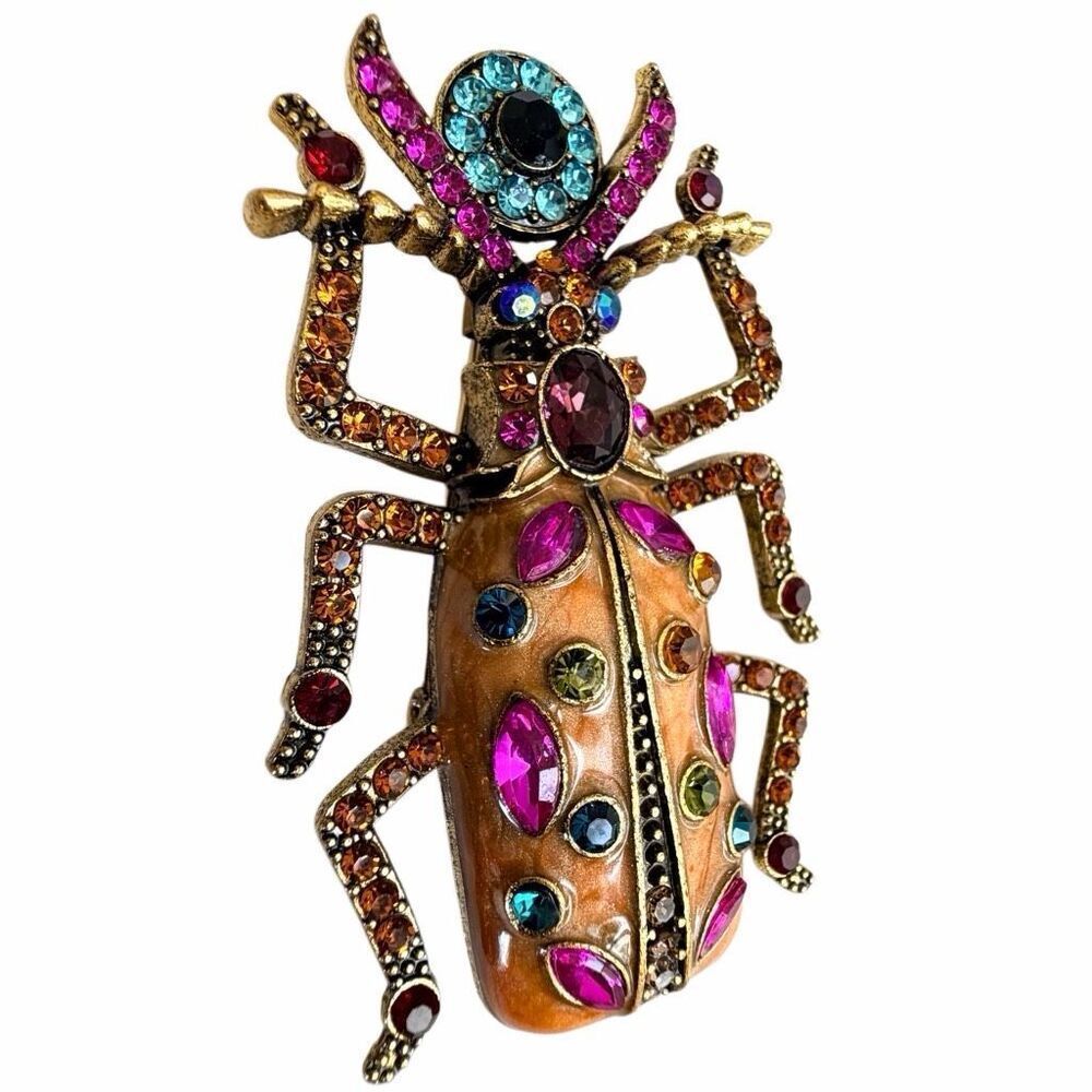 JeweledâBeetle Brooch Multicolor Rhinestone Statement - Picture 5 of 7